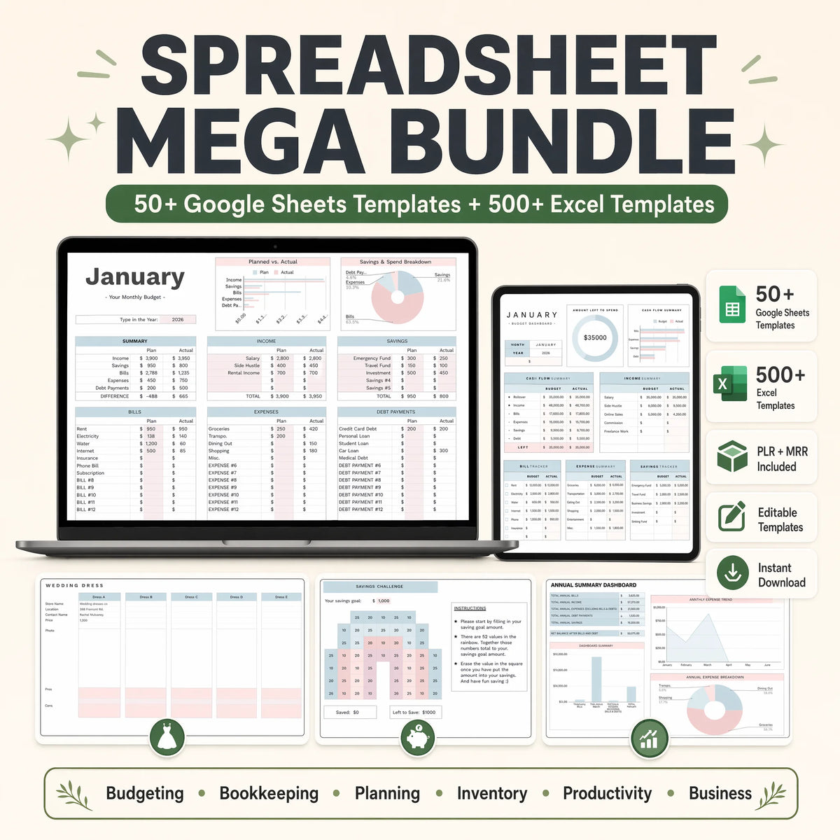 Spreadsheet Mega Bundle | 50 Google Sheets Trackers & Planners + 500+ Excel Templates