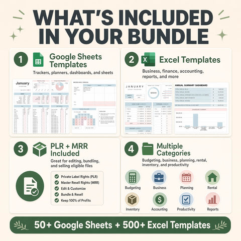 Spreadsheet Mega Bundle | 50 Google Sheets Trackers & Planners + 500+ Excel Templates