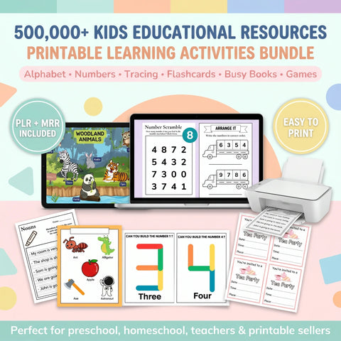 500,000+ Kids Educational Printables Mega Bundle with PLR + MRR Rights